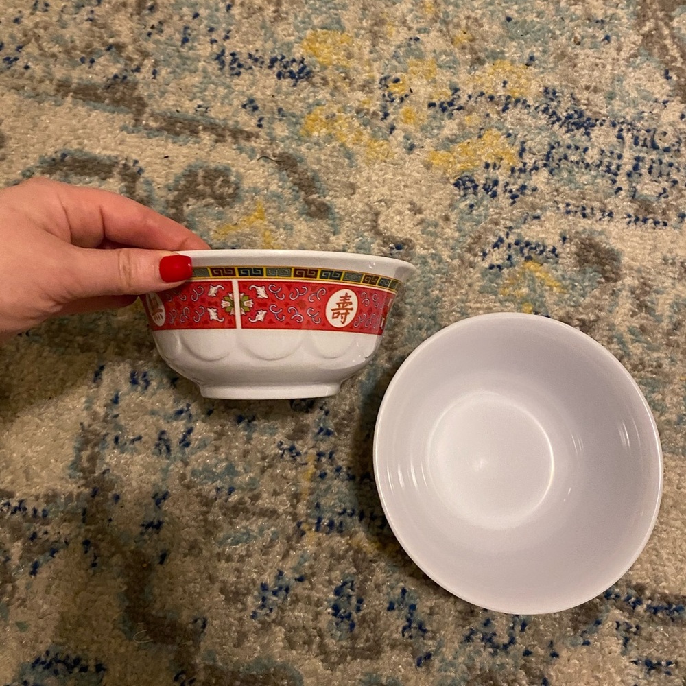 Like new set of 2 Koyo Melamime Chinese Longevity Bowls – Red & Gold Dinnerware - Picture 2 of 5